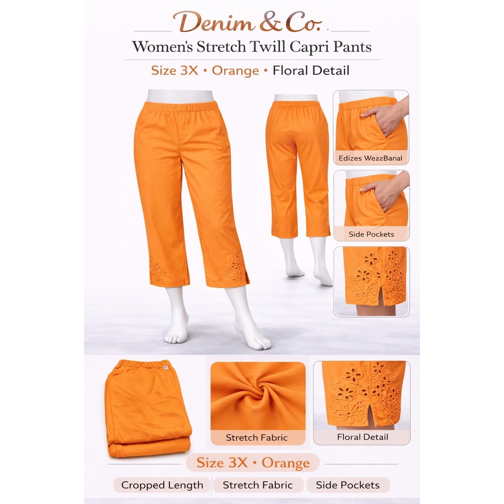 Denim & Co Womens 3X Orange‎ Stretch Twill Capri Pants Floral Detail A234360 NWT